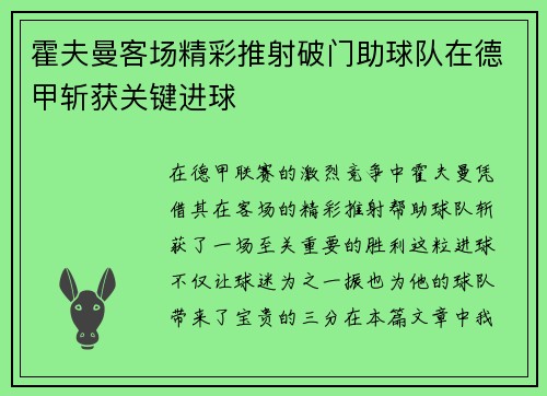 霍夫曼客场精彩推射破门助球队在德甲斩获关键进球